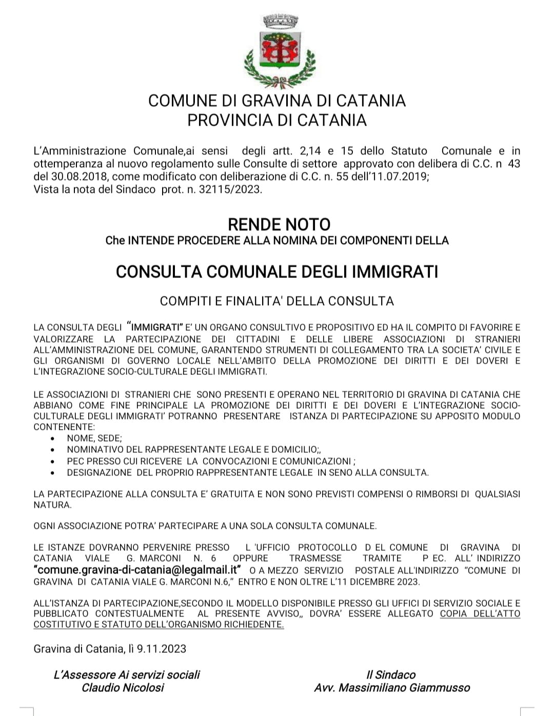 Gravina: bando nomina componenti Consulte per attività sociali e solidarietà e degli immigrati 