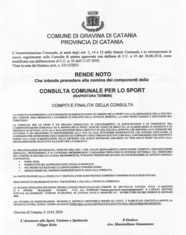 Consulta comunale per lo Sport a Gravina: riapertura termini per nomina componenti 